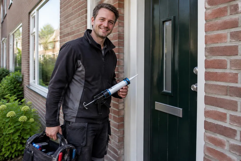 Vakman van Kitbedrijf Landsmeer bij de voordeur van een woning
